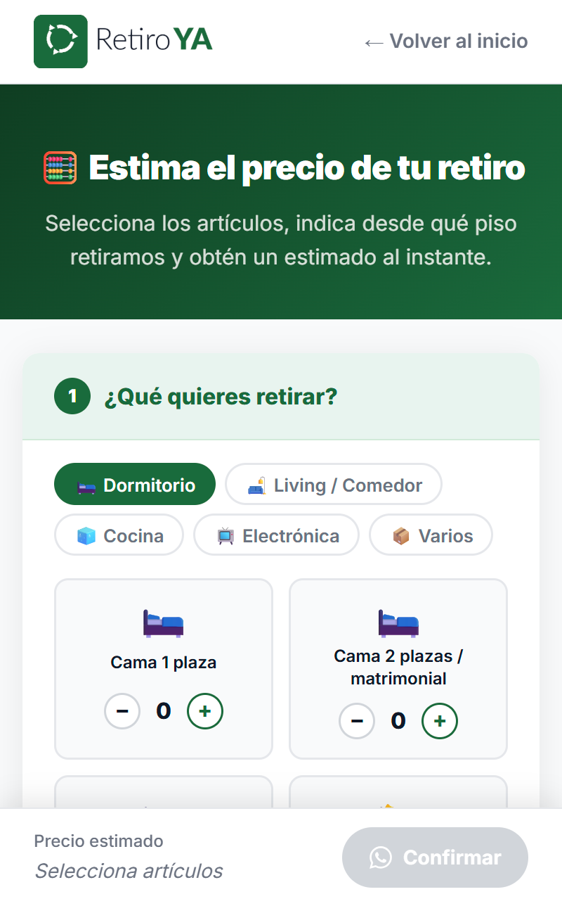 Calculadora de precios — selección de ítems por categoría