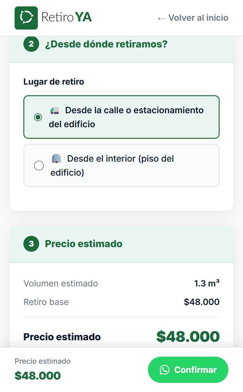 Calculadora de precios — resumen y precio estimado