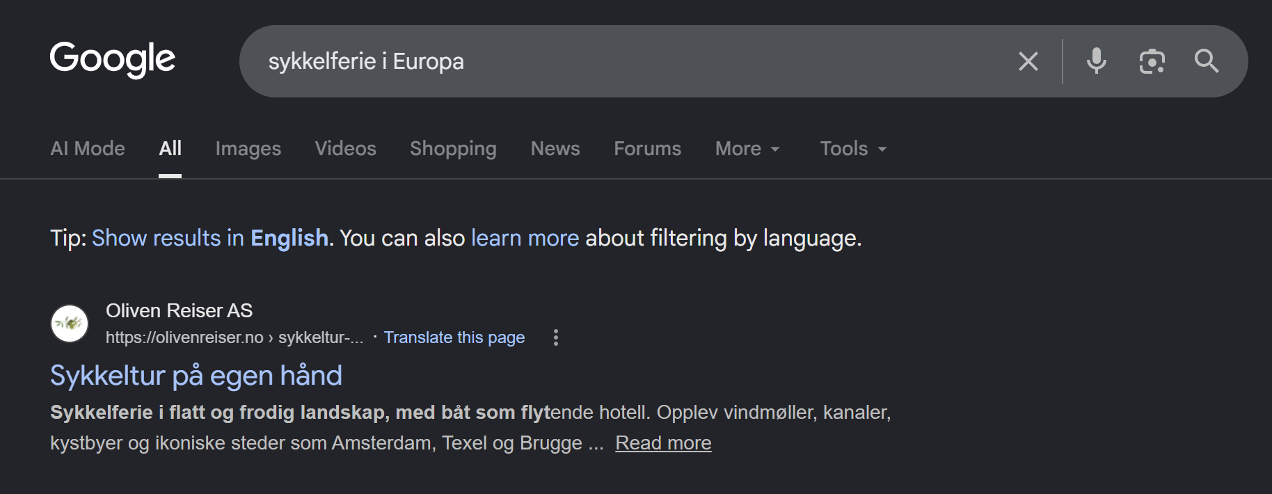 Oliven Reiser - første resultat på Google for sykkelferie i Europa